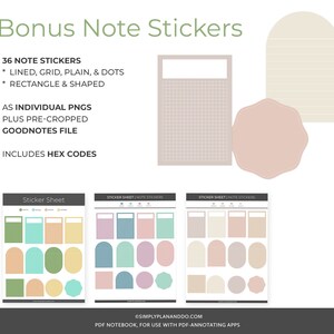 May include: A set of 36 digital note stickers in various shapes and colors, including lined, grid, plain, and dots. The stickers are designed for use with digital note-taking apps like Goodnotes. The image shows three sticker sheets with different designs, including rectangles, circles, and arches.