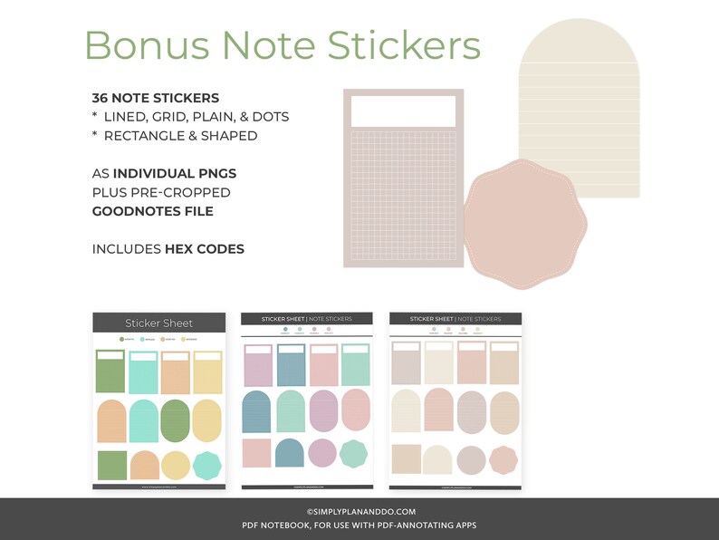 May include: A set of 36 digital note stickers in various shapes and colors, including lined, grid, plain, and dots. The stickers are designed for use with digital note-taking apps like Goodnotes. The image shows three sticker sheets with different designs, including rectangles, circles, and arches.