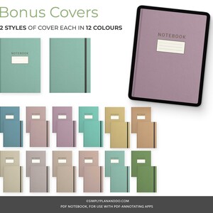 May include: Twelve different colored notebook covers, two styles each, with the word "NOTEBOOK" printed on the front. The covers are designed for use with PDF-annotating apps.