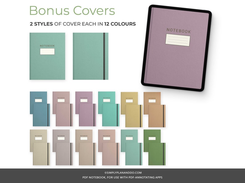 May include: Twelve different colored notebook covers, two styles each, with the word "NOTEBOOK" printed on the front. The covers are designed for use with PDF-annotating apps.