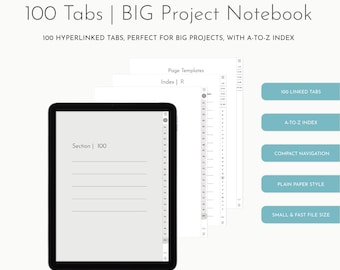 Libreta digital de 100 pestañas: formato vertical, páginas lisas, índice alfabético (descarga en PDF). Compatible con GoodNotes, Noteshelf, iPad y tabletas.