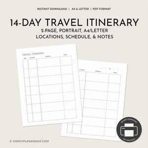 Planificador de viaje imprimible, plantilla de viaje vacacional para itinerario de 14 días, un planificador vertical de 2 páginas en tamaño A4 y carta.