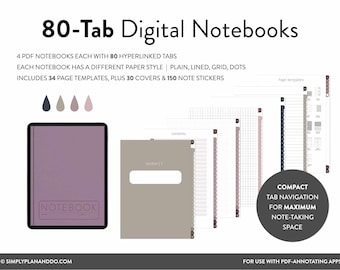 Cuadernos digitales de 80 pestañas: lisos, rayados, de puntos y cuadriculados (PDF)