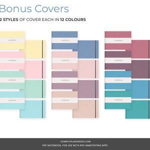 May include: Twelve different colored notebook covers, with two styles of cover design. Each cover has a black line down the right side. The covers are in a variety of colors, including yellow, pink, green, blue, and purple.