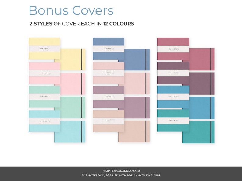 May include: Twelve different colored notebook covers, with two styles of cover design. Each cover has a black line down the right side. The covers are in a variety of colors, including yellow, pink, green, blue, and purple.