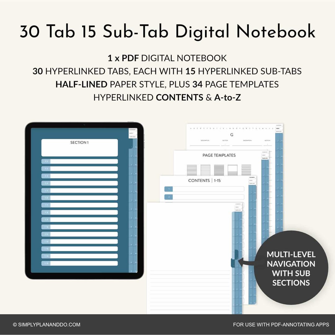 Digital Notebook: 30-tab, 15-sub Tab, Half-lined (PDF, Goodnotes ...