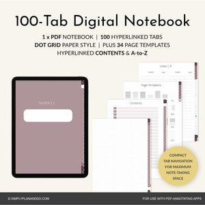 May include: Digital notebook with 100 tabs, dot grid paper style, and 34 page templates. The notebook includes hyperlinked contents and an A-to-Z index. The image shows a tablet with a section labeled "Section 15" and a variety of page templates.