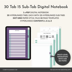 Könnte beinhalten: Digitales Notizbuch mit 30 Tabs und 15 Unter-Tabs. Das Bild zeigt ein Tablet, das einen lila Abschnitt mit Linien und mehrere Seiten mit Punktrasterpapierstil und Seitenvorlagen anzeigt. Das Notizbuch enthält Hyperlink-Inhalte und A-bis-Z-Abschnitte.