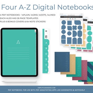 May include: Four digital A-Z notebooks in PDF format. Each notebook has 26 page templates, 6 bonus covers, and 64 note stickers. The notebooks are shown on a white background with a tablet, a stylus, and a sticker sheet.