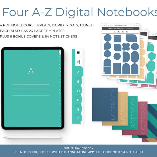Four A to Z Portrait Digital Notebooks | 1 Plain, 1 Dots, 1 Grid, 1 Lined | for GoodNotes, Noteshelf, etc, plus bonus Stickers & Covers