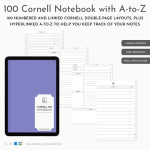 May include: A digital Cornell notebook featuring 100 numbered and linked double-page layouts with A-to-Z indexing. The display shows a purple cover, a contents page, note-taking templates with sections for keywords and summaries, and an alphabetical tab system.