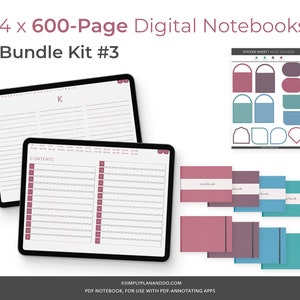 May include: A digital notebook bundle kit with four 600-page notebooks. The notebooks are displayed on a tablet screen and are labeled "CONTENTS" and "K". The kit also includes a sticker sheet with various shapes and colors.