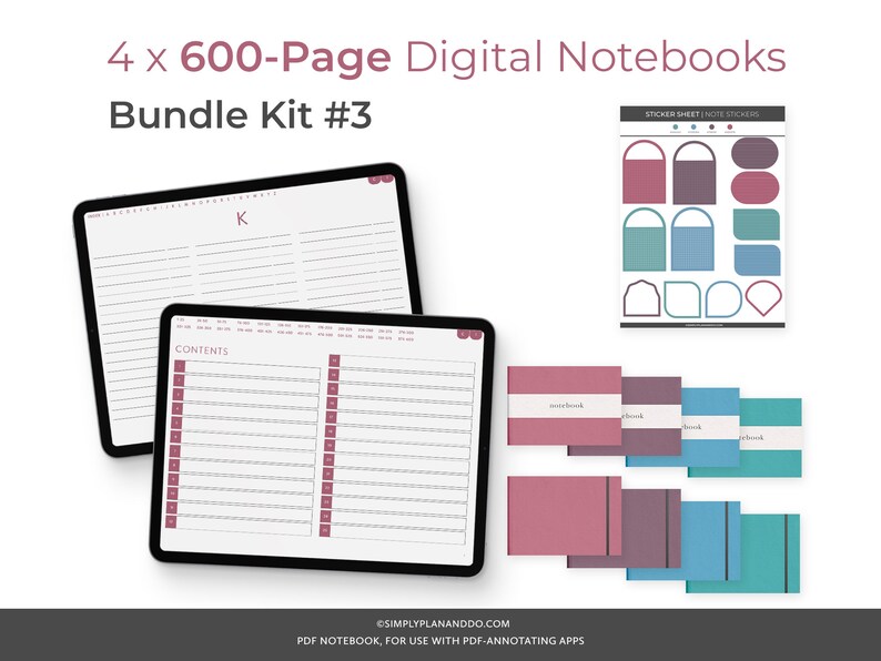 May include: A digital notebook bundle kit with four 600-page notebooks. The notebooks are displayed on a tablet screen and are labeled "CONTENTS" and "K". The kit also includes a sticker sheet with various shapes and colors.