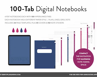 Digitale notitieboeken met 100 tabbladen: normaal, gelinieerd, gestippeld, raster (pdf)