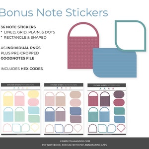 May include: A set of 36 digital note stickers for Goodnotes, featuring various shapes and styles, including lined, grid, plain, and dotted. The stickers are in pastel colors and include hex codes.