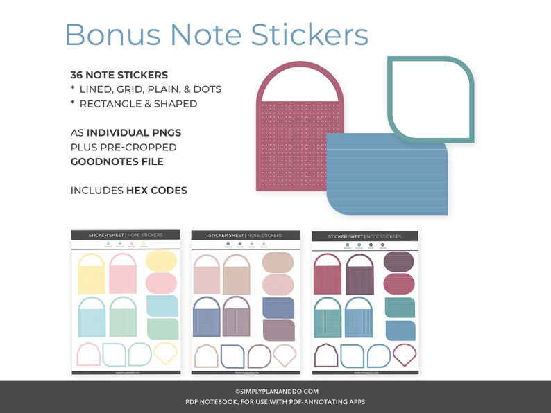 May include: A set of 36 digital note stickers for Goodnotes, featuring various shapes and styles, including lined, grid, plain, and dotted. The stickers are in pastel colors and include hex codes.