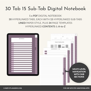 Puede incluir: Cuaderno digital con 30 pestañas y 15 subpestañas. El cuaderno incluye papel rayado, plantillas de página y contenido con hipervínculos. La imagen muestra una tableta que muestra la interfaz del cuaderno, junto con páginas sueltas. El texto en la imagen incluye "30 Tab 15 Sub-Tab Digital Notebook."