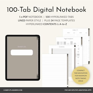 Digital anteckningsbok med 100 flikar: Linjerade sidor och 34 mallar - GoodNotes, Notability (PDF)