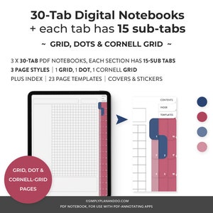 Op de afbeelding: Een digitaal notitieboek met 30 tabbladen, elk met 15 subtabbladen. Het notitieboek heeft drie paginastijlen: grid, stippen en Cornell-grid. Het bevat een index, 23 pagina sjablonen, covers en stickers. De afbeelding toont een voorbeeld van de grid-paginastijl.