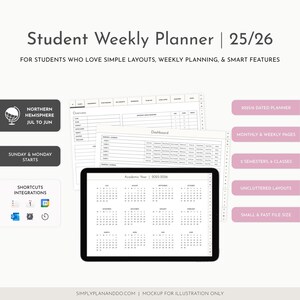 Peut inclure: Un planificateur hebdomadaire numérique pour étudiants, au design épuré et minimaliste. Le planificateur comprend des pages datées pour 2025/6, des mises en page mensuelles et hebdomadaires, et des fonctionnalités pour 2 semestres et 6 cours. La conception est épurée et de petite taille.