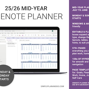 OneNote Template Daily Planner, Mid-Year 25/26, with Daily, Weekly and Monthly pages, for iPad, Android, Windows or Mac