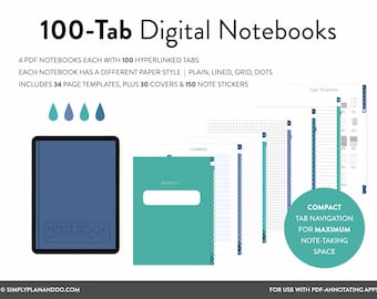 Digitale notitieboeken met 100 tabbladen: normaal, gelinieerd, gestippeld, raster (pdf)