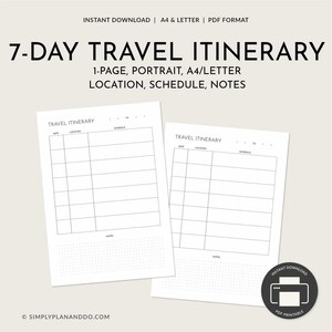 Planificador de viaje imprimible, plantilla de viaje vacacional para itinerario de 7 días, un planificador vertical de una página en tamaño A4 y carta.