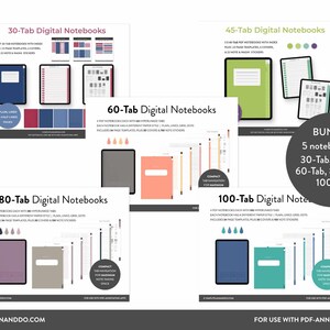 May include: A digital planner bundle with five different notebook kits, each with a different number of tabs. The kits include 30-tab, 45-tab, 60-tab, 80-tab, and 100-tab notebooks. Each notebook has a different paper style, including plain, lined, grid, dots, and more. The notebooks are designed for use with PDF-annotating apps.