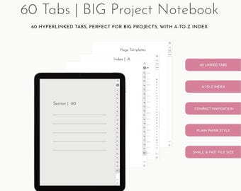 60-Tab Digital Notebook: Portrait, Plain Pages, A-to-Z Index, (PDF Download) GoodNotes, Noteshelf, iPad, Tablet