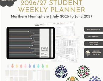 Student Planner Jul 26 to Jun 27, Weekly, Hyperlinked PDF (iPad Compatible)
