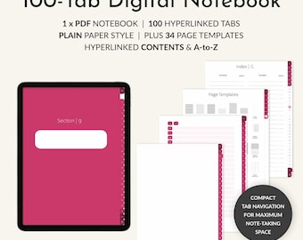Cuaderno digital rosa de 100 pestañas: Planificador PDF con hipervínculos para GoodNotes y Notability