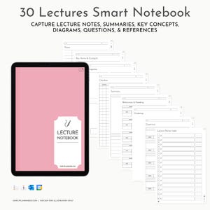 May include: A digital 30 Lectures Smart Notebook displayed on a tablet screen with a pink cover featuring the text LECTURE NOTEBOOK. The layout includes multiple page templates for notes, summaries, key concepts, diagrams, questions, and references.