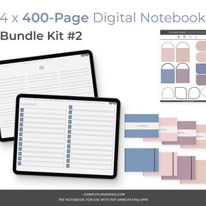 May include: A digital notebook bundle kit with four 400-page notebooks. The notebooks are displayed on a tablet screen and feature a contents page and a monthly calendar page. The kit also includes a sticker sheet with various shapes and designs in pink, blue, and brown.