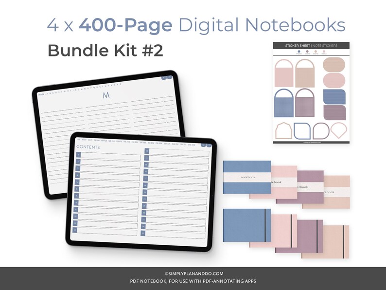 May include: A digital notebook bundle kit with four 400-page notebooks. The notebooks are displayed on a tablet screen and feature a contents page and a monthly calendar page. The kit also includes a sticker sheet with various shapes and designs in pink, blue, and brown.