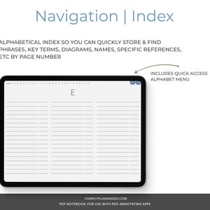 May include: A digital planner page with a blank alphabetical index for the letter E. The page includes a quick access alphabet menu at the top. The page is designed for use with PDF-annotating apps.