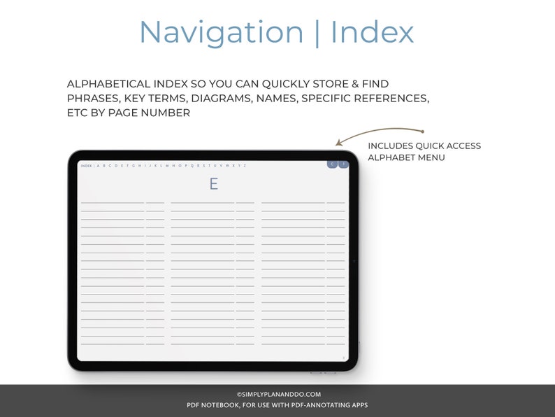May include: A digital planner page with a blank alphabetical index for the letter E. The page includes a quick access alphabet menu at the top. The page is designed for use with PDF-annotating apps.