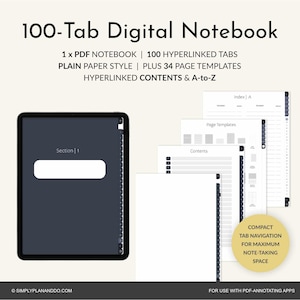 Könnte beinhalten: Ein digitales Notizbuch mit dem Text "100-Tab Digital Notebook" oben. Das Bild zeigt ein Tablet mit einem dunkelblauen Bildschirm, auf dem ein Abschnitt angezeigt wird, sowie mehrere weiße Seiten mit Vorlagen. Das Notizbuch enthält 100 Hyperlinks.