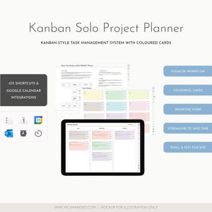 May include: A digital Kanban Solo Project Planner with the text "Kanban Solo Project Planner" and "Kanban-style task management system with coloured cards." The image includes iOS shortcuts, Google Calendar integrations, and a tablet displaying a Kanban board.
