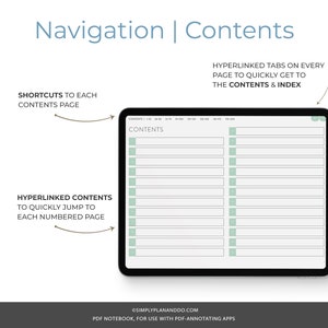 May include: A digital planner template with a contents page. The page is divided into two columns. The left column has a list of topics with page numbers. The right column has a list of page numbers. The page is labeled "Contents".