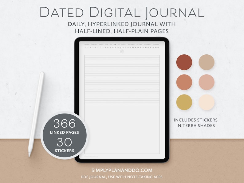 May include: A digital journal with 366 linked pages and 30 stickers. The journal is designed for use with note-taking apps. The journal has a white background with grey lines and a calendar at the top. The stickers are in terra shades.