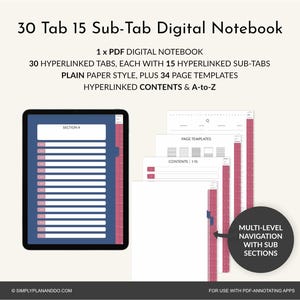 May include: Digital notebook with 30 tabs and 15 sub-tabs. The notebook features a blue and pink design, with a white background. The text on the image reads "30 Tab 15 Sub-Tab Digital Notebook". The notebook is designed for use with PDF-annotating apps.