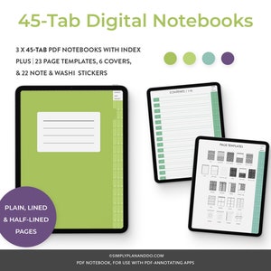 May include: Three digital notebooks with 45 tabs each, featuring plain, lined, and half-lined pages. The notebooks also include 23 page templates, 6 covers, and 22 note and washi stickers. The image shows a green notebook with a white box on the cover, a page with a table of contents, and a page with page templates.