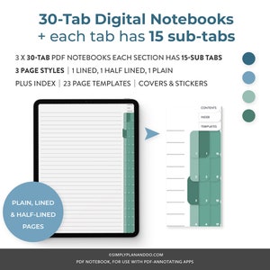 May include: A digital notebook with 30 tabs, each with 15 sub-tabs. The notebook has three page styles: lined, half-lined, and plain. It also includes an index, 23 page templates, covers, and stickers. The notebook is shown on a tablet screen with a blue arrow pointing to the right.