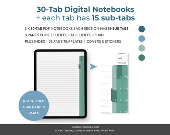 Cuadernos digitales de 30 pestañas: rayado, liso, media raya (PDF)