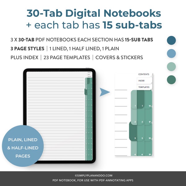3 cuadernos digitales de 30 pestañas y 15 subpestañas / con 15 subpestañas / lisos, rayados y medio rayados / para GoodNotes, Notability, iPad, cuaderno de estudiantes