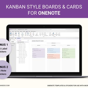 May include: A screenshot of a computer screen showing a Microsoft OneNote page with a Kanban board template. The board has three columns labeled "To Do", "In Progress", and "Done". Each column contains sticky notes with text on them. The text on the sticky notes is in a variety of colors. The title of the page is "Kanban Board & Cards".