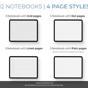 May include: A digital illustration of 12 notebooks with 4 different page styles: grid, dot, lined, and plain. The notebooks are displayed on a white background. The text "12 NOTEBOOKS | 4 PAGE STYLES" is at the top of the image. The text "3 Notebook with Grid pages" is above a gridded notebook. The text "3 Notebook with Dot pages" is above a dotted notebook. The text "3 Notebook with Lined pages" is above a lined notebook. The text "3 Notebook with Plain pages (Great with the page overlays.)" is above a plain notebook.