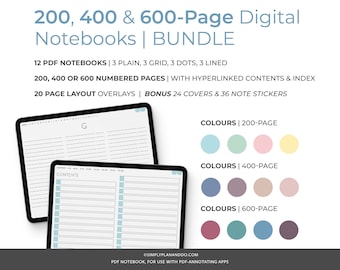 May include: A digital notebook bundle with 12 PDF notebooks, 20 page layout overlays, 24 covers, and 36 note stickers. The notebooks come in 200, 400, or 600 numbered pages with hyperlinked contents and index. The notebooks are available in plain, grid, dot, and lined styles. The image shows a preview of a lined notebook with the word "CONTENTS" and a grid notebook with the letter "G". The image also shows color swatches for the different page sizes.