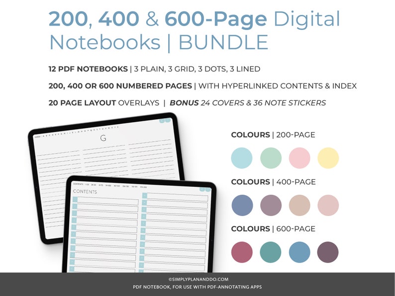 May include: A digital notebook bundle with 12 PDF notebooks, 20 page layout overlays, 24 covers, and 36 note stickers. The notebooks come in 200, 400, or 600 numbered pages with hyperlinked contents and index. The notebooks are available in plain, grid, dot, and lined styles. The image shows a preview of a lined notebook with the word "CONTENTS" and a grid notebook with the letter "G". The image also shows color swatches for the different page sizes.
