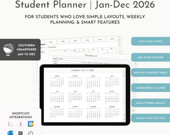 Student Planner Jan to Dec 2026, Weekly, Hyperlinked PDF (iPad Compatible)